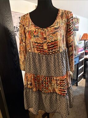 En Creme Multicolor Patchwork Mini Dress - Orange, Black, Cream